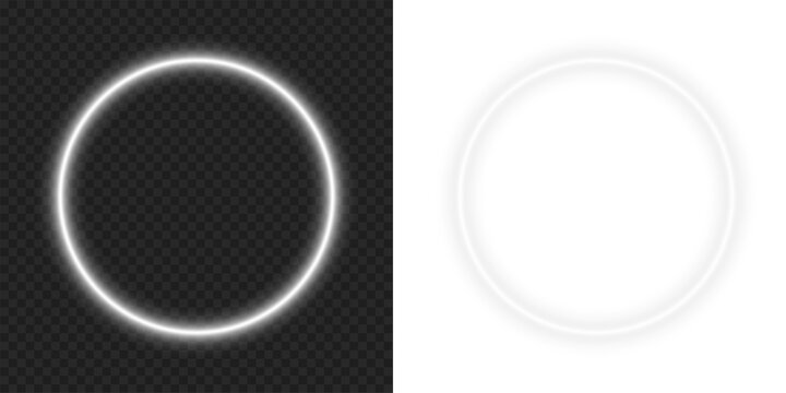 Bright white neon glow circular ring circle frame border with empty center space and glowing lighting effect on transparent background png design.