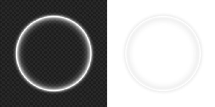 Bright white neon glow circular ring circle frame border with empty center space and glowing lighting effect on transparent background png design.