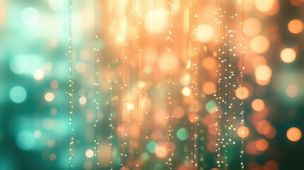 Naklejka premium Atmospheric bokeh lights and delicate string illuminations creating a vibrant and celebratory abstract background with a smooth color gradient from teal to warm orange tones
