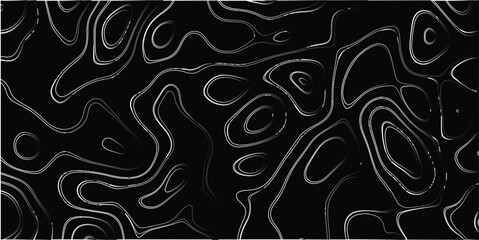 Abstract topographic map contour lines with a dark background and bright white and gray highlights creating a dynamic and organic pattern for design backgrounds