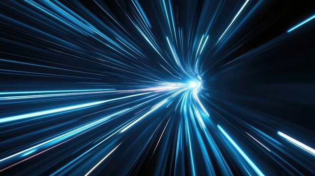 Blue light streaks moving rapidly through a dark abstract tunnel, symbolizing high speed data transfer, cloud computing, and advanced network connectivity