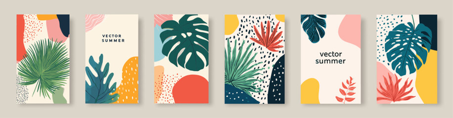Obraz premium Abstract summer posters. Tropical leaves with geometric shapes party flyers, jungle leaf shape pattern modern art creative design card template summer concept vector illustration