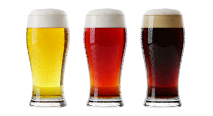 Three Glasses of Beer Showing Different Colors and Types Isolated on transparent background