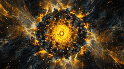 Abstract golden energy radiating from a central point, forming a dynamic vortex of light and dark particles, representing power, creation, destruction, and intense movement