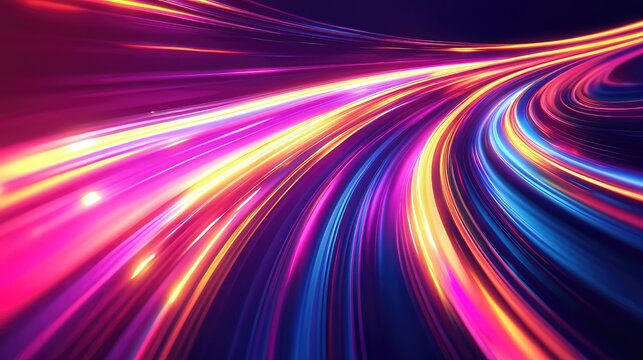 Swirling vibrant light streaks create a dynamic abstract background conveying speed, digital connection, and technological advancement in a modern, energetic visual