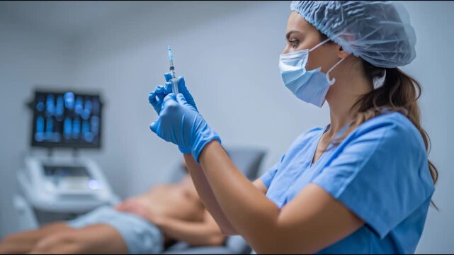 Female anesthesiologist in a hospital room preparing a syringe for a patient lying on a bed