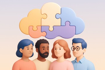 Diverse team collaborating on a cloud-shaped puzzle, symbolizing teamwork and shared ideas