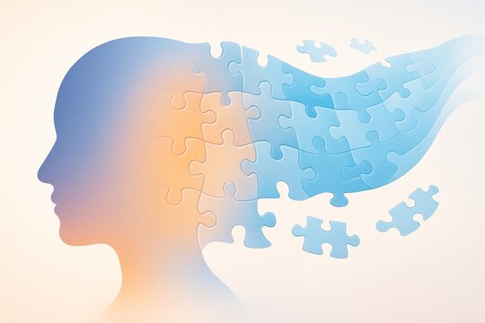 Abstract human head profile made of puzzle pieces dissolving into blue waves - Powered by Adobe