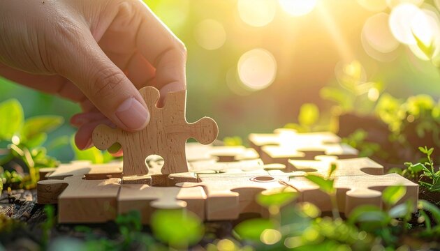 Hand placing final wooden puzzle piece on moss with plant nearby in sunlit natural setting. - Powered by Adobe
