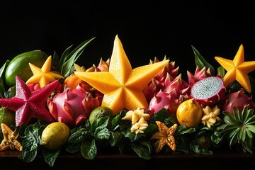 Exotic Fruit Arrangement - Dragon Fruit, Mango Stars, and Tropical Greens.