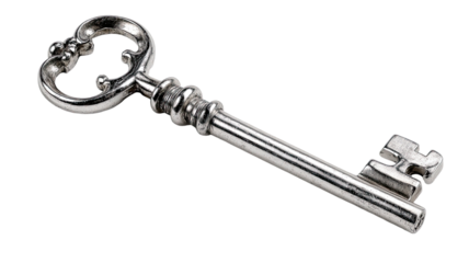  Silver key metallic object close up classic security item reflective surface studio product photography isolated on white background