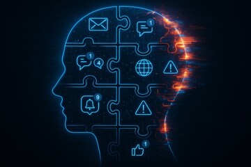 Digital mind puzzle with social media icons and glitch effect on the right side