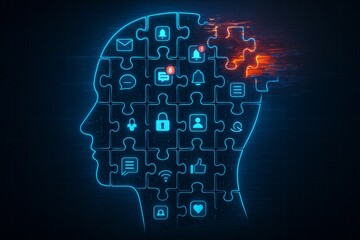 Digital mind puzzle with social media icons and a missing piece