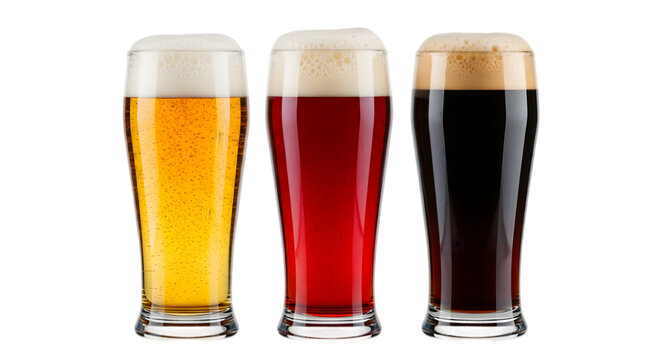 Three Glasses of Beer Showing Different Types and Colors Isolated on transparent background