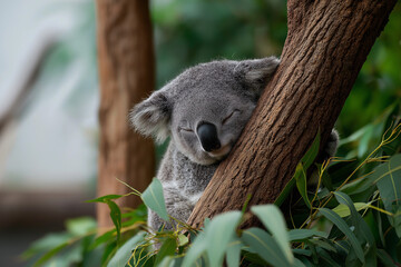 Obraz premium A heartwarming scene of a sleeping koala nestled against the bark of a eucalyptus tree, epitomizing relaxation and tranquility found in the natural habitat of these adorable creatures.