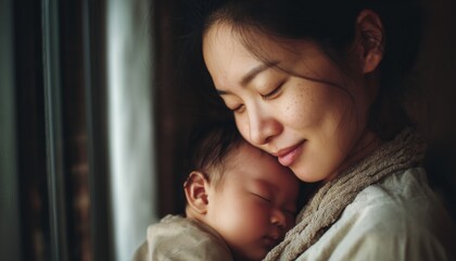 Asian Mother'S Loving Embrace: A Close-Up Of A Beautiful Mom Hugging Her Sleeping Newborn Baby, Kissing Their Head, And Looking Out The Window In Happiness.