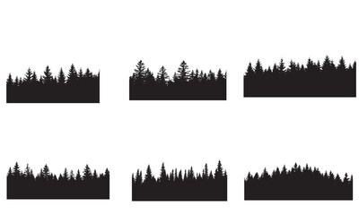 Set of six black silhouettes of dense coniferous forest tree lines © Durjoy