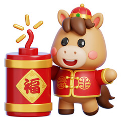 Chinese New Year 2026 Cute 3D Horse Mascot With Red Firecracker Isolated