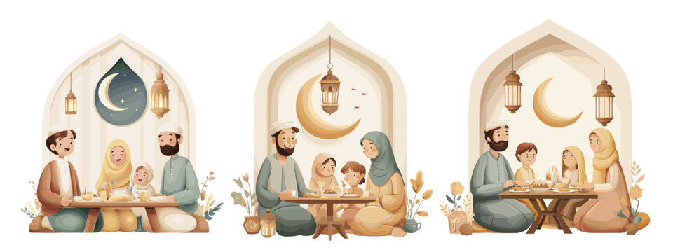Muslim family iftar. Arabic parent with kids pray and eat food ramadan kareem celebration, islamic dinner night sky in windows background holy month scenes set vector illustration