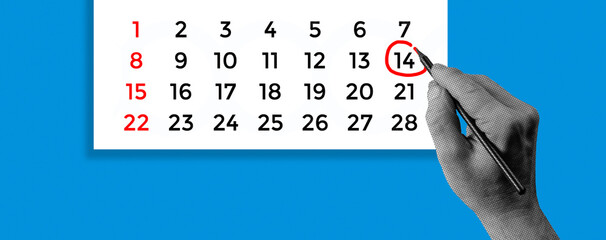 Halftone collage of a hand marking February 14th on the calendar. Valentine's Day concept.