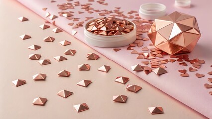 Rose Gold Geometric Confetti Scattered on Pink Surface