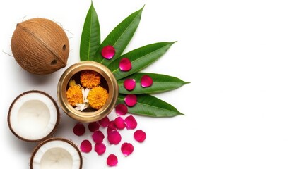 Coconut, flowers, and leaves arrangement for Hindu puja or auspicious occasions