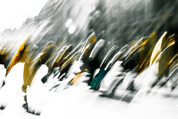 Postmodernism style, artistic motion of people with shopping bags crossing Oxford Circus junction at sunny day. London