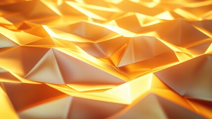 Golden polygon pattern creating an illuminated abstract digital background, featuring sharp geometric shapes and glowing light, ideal for technology, finance, or energy themes