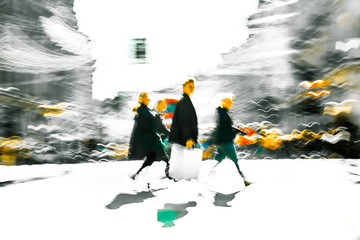 Postmodernism style, artistic motion of people with shopping bags crossing Oxford Circus junction at sunny day. London