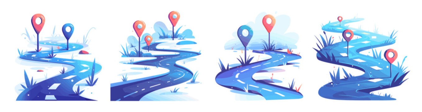 Winter road route. Road trip curve path with location pins, christmas holidays travel navigation map progress steps snowy routes icons cartoon game level maps vector illustration