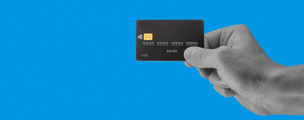 Halftone collage of hand holding credit card. Online payment concept.