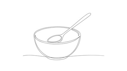 A simple, continuous line drawing of a bowl with a spoon resting inside it.