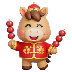 Naklejka premium Chinese New Year 2026 Cute 3D Horse Mascot Holding Tanghulu Isolated