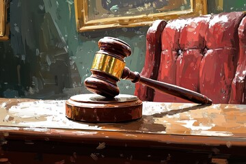 Gavel on Wooden Table in Courtroom with Red Chair.