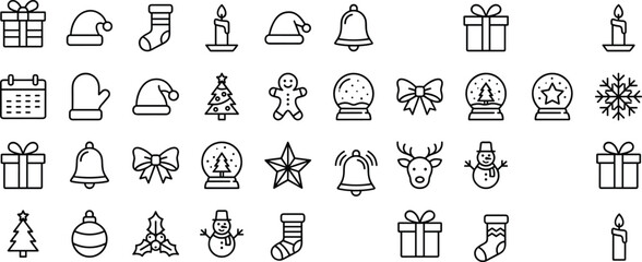 Christmas holiday icon set, winter celebration symbols, festive decorations elements, New Year seasonal graphics, outline style, cad drawing flat vector illustration