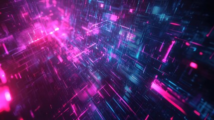 Abstract technology background presenting a glowing grid of interconnected lines and squares, symbolizing global communication, data transfer, and futuristic digital information processing