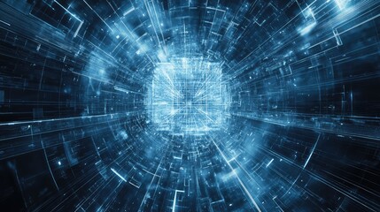 Abstract digital tunnel showing glowing blue lines and geometric shapes creating a futuristic network data stream, representing technology, connection, and information processing
