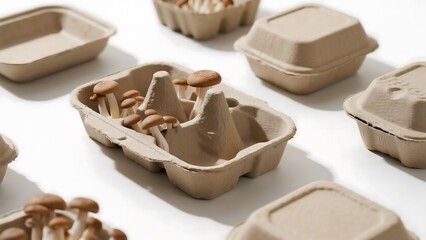 Sustainable mycelium-based packaging material isolated on white. Eco-friendly, biodegradable, green business solution