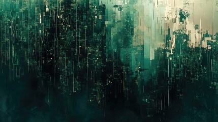 Abstract digital cityscape featuring vertical green and gold lines simulating data streams and a fragmented urban structure, creating a modern, high tech, and futuristic background