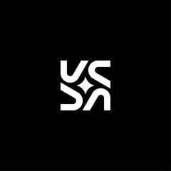 Modern geometric letter V monogram logo with four symmetrical elements and a star spark center. Professional white initial on black background for tech, fashion, or corporate identity. Vector icon