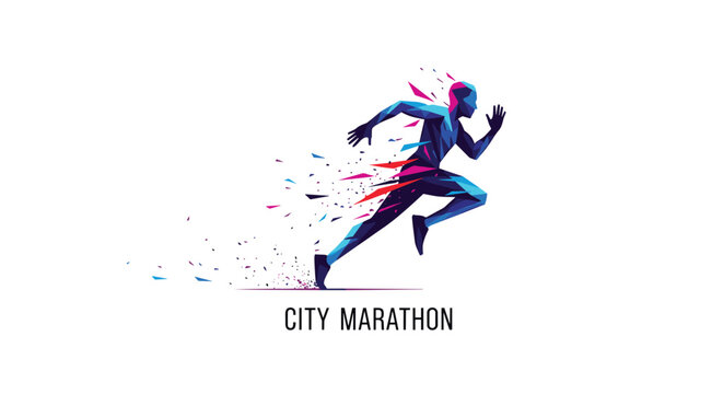Dynamic logo or illustration of a running man in a geometric style, dissolving into particles for a city marathon event.