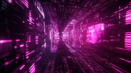 Abstract tunnel featuring a futuristic information pathway with glowing purple and pink elements, representing data flow and digital connectivity in a virtual space