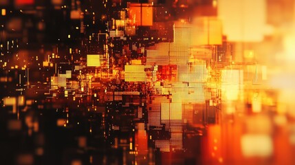 Interconnected data streams and glowing network structures in vibrant orange and yellow against a dark backdrop, conveying high tech information flow, ai, and futuristic computing energy