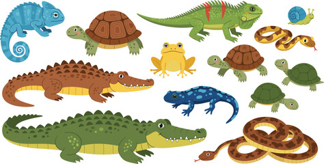 A charming vector collection of twelve common reptiles and amphibians, featuring crocodiles, alligators, turtles, iguanas, chameleons, various snakes, a frog, and a small snail, isolated on white.
