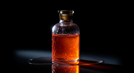 A vintage, thick glass apothecary vial filled with a brilliant, glowing orange liquid. The glass catches a sliver of light to show its texture. The vial is sitting on a small, reflective puddle. 