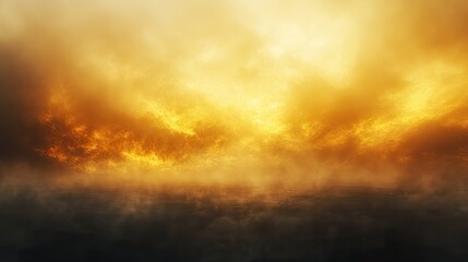 Obraz premium Abstract atmospheric scene depicting a vibrant golden sky casting an intense glow over a dark, mysterious water surface with rising mist, creating a dramatic and powerful visual