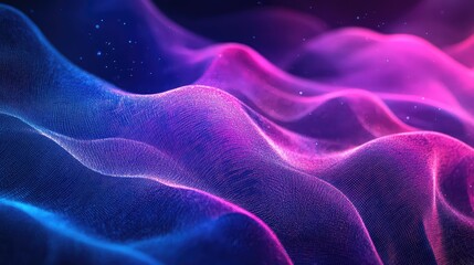Obraz premium Digital wave particles flowing in an abstract design, creating a seamless background with vibrant blue, purple, and pink gradients, representing data, technology, and energetic connections