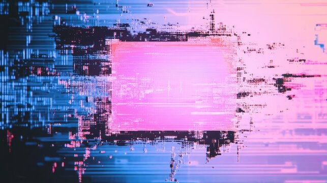 Glitching digital data displaying a corrupted information stream and abstract abstract cybernetic pixels with a retro computer screen aesthetic in vibrant blue and pink tones - Powered by Adobe
