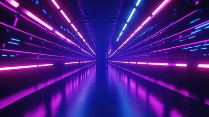 Dark tunnel interior bathed in vibrant pink and blue neon, reflecting futuristic digital streams and motion for a high speed, abstract cyberspace corridor perspective