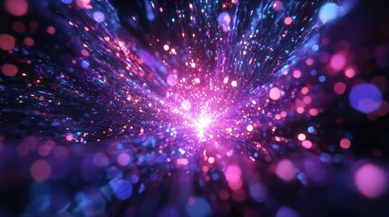 Abstract light particles bursting outwards from a glowing center, forming a dynamic tunnel of motion with vibrant pink, purple, and blue bokeh spheres